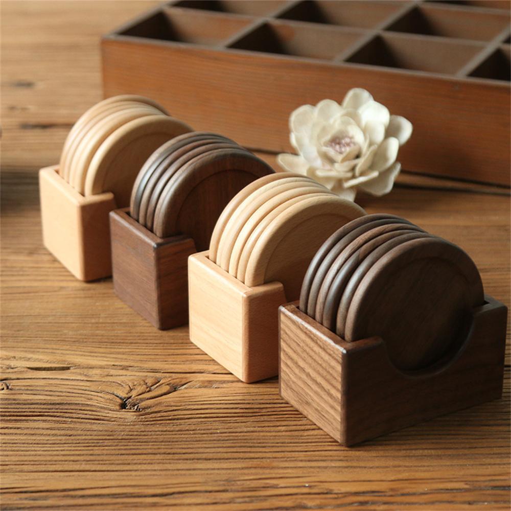 6pcs/set Walnut Wood Coasters Placemats Decorative Round Insulated Beverage Coasters Home Decor Wooden Insulation Pad