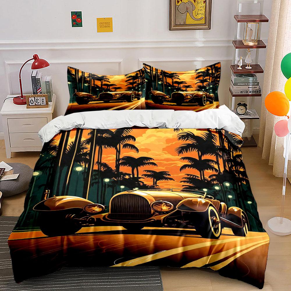 Vintage car, palm trees. Bedding sets Duvet cover sets Duvet covers Pillowcases(1 * Duvet Cover 2 * Pillowcases without duvet insert)