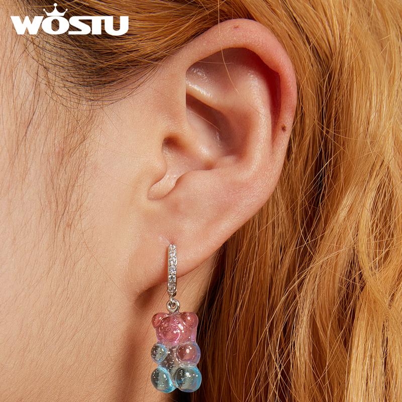WOSTU Серьги-гвоздики из серебра 925 пробы в виде милого конфетного мишки, розово-голубые, для женщин, модные, для вечеринки, подарок, CQE1388
