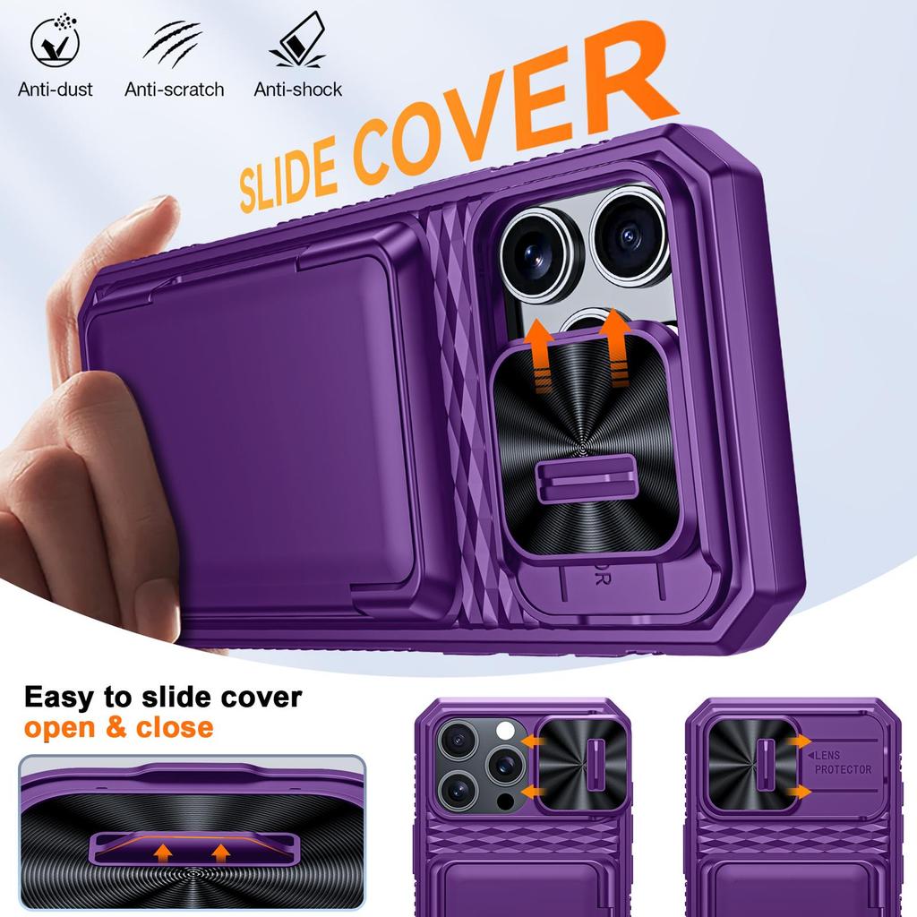 With Card Holder Sliding Camera Cover And Stand For iPhone 16 Pro Max Phone Case, Anti-Fall PC+TPU Wallet Case-Purple