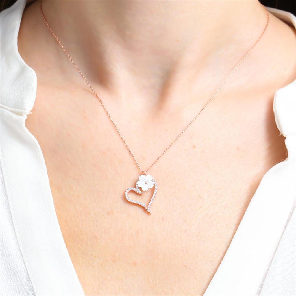 Sparkling Heart Magnolia Flower Rose Color Silver Necklace