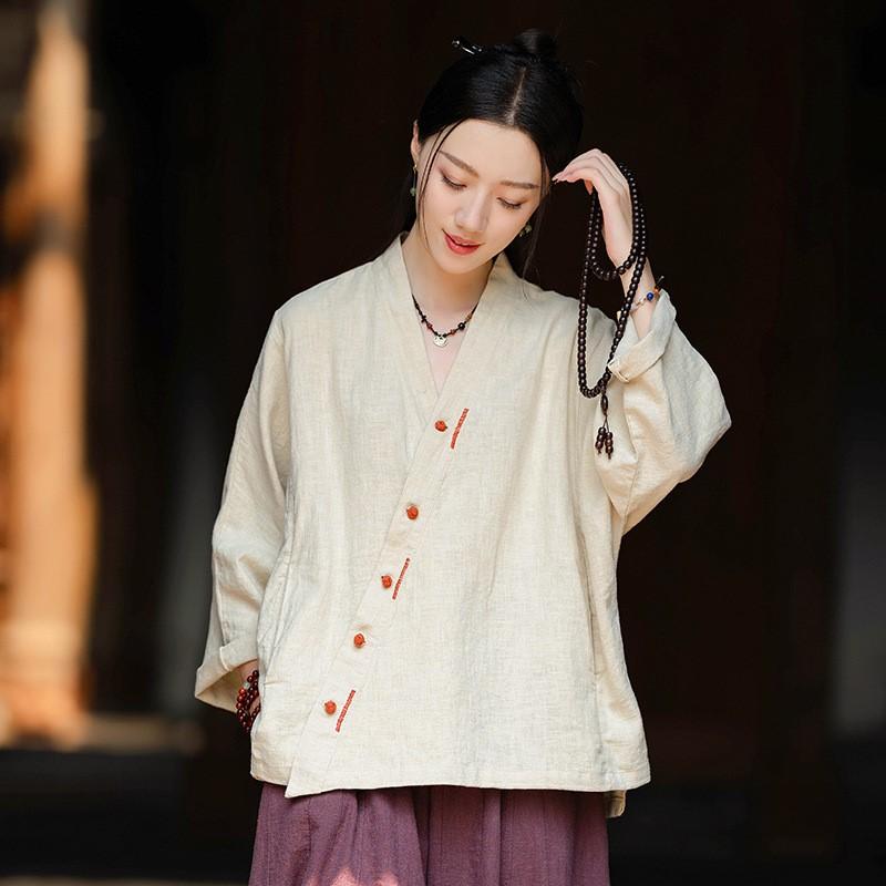Johnature Women Chinese Style V-Neck Shirts Solid Color Long Sleeve Tops Vintage Blouses Autumn Shirts