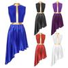 Womens Lyrical Dance Dress Color Block Patchwork Invisible Back Zipper Flowy Asymmetric Hem Sleeveless Performance Costume