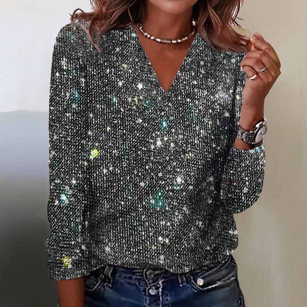 Женская футболка с принтом, V-образным вырезом и длинными рукавами, пуловер