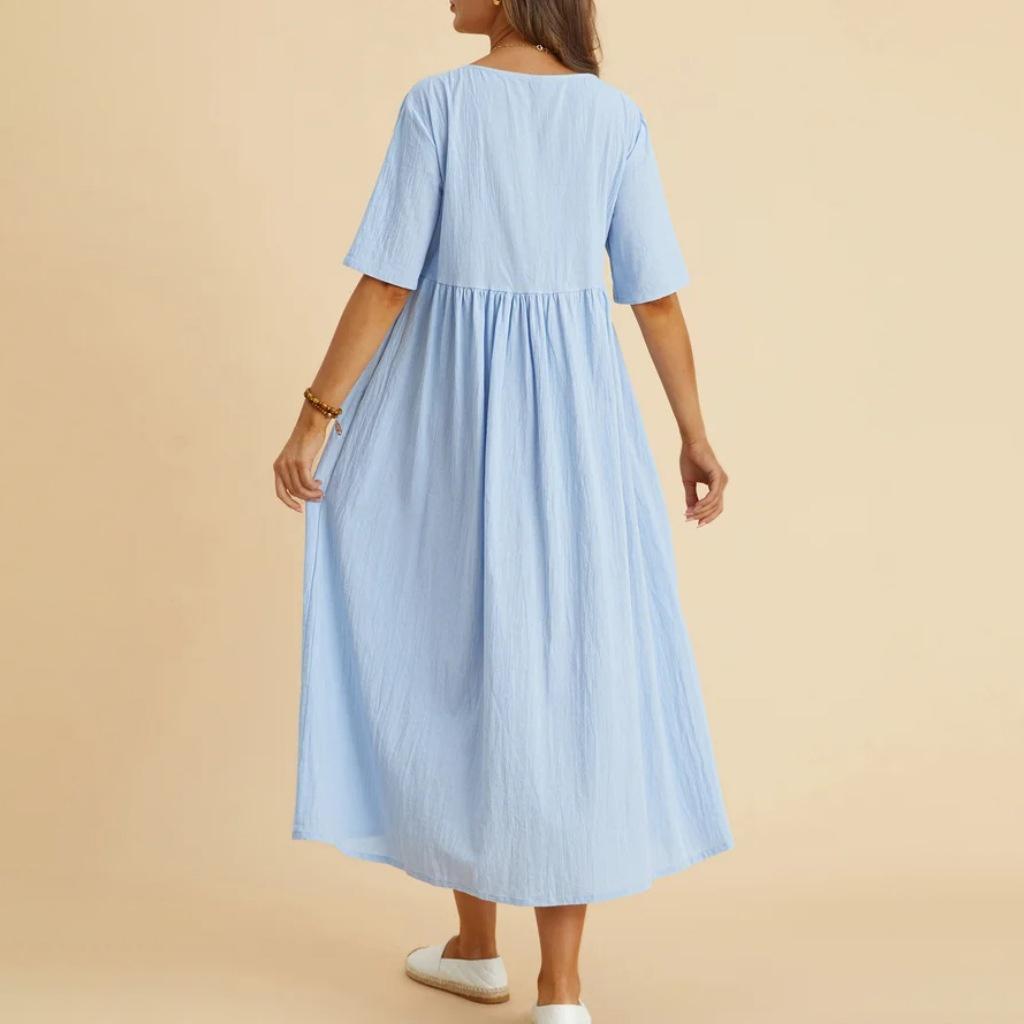 Женское модное однотонное платье, большое свободное хлопково-льняное платье средней длины с круглым вырезом и рукавами из пяти частей