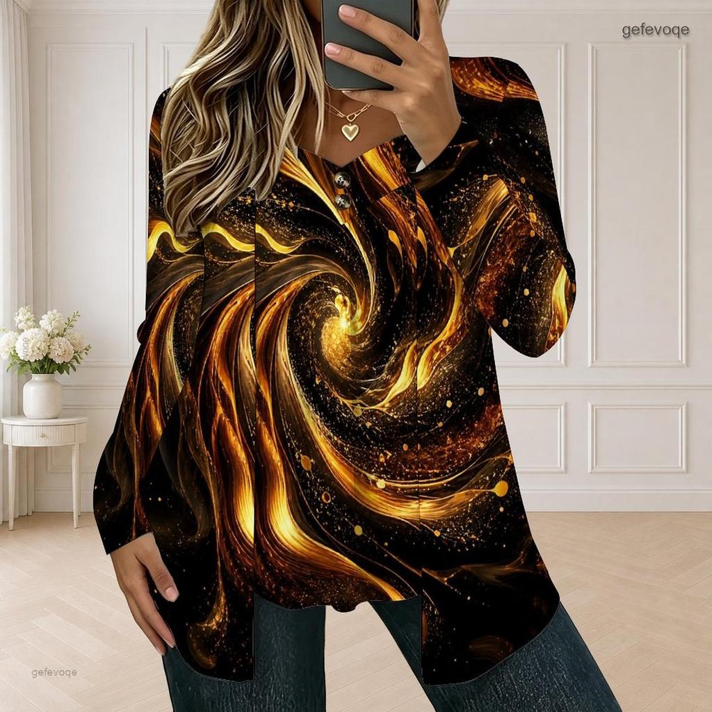 Women Plus Size Square Neck Long Sleeve Red Black Printed Button Detail Layered Front T Shirt
