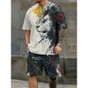 Outdoor Casual Men's Short Sleeve Set Majestic Lion Printed Round Neck Short Sleeve Shorts Set Trendy Men's Two Piece Set