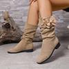 Women's Natural Suede Western Boots Thick Pointed Short Boots Vintage Pleated Fashion Boots Women's Autumn