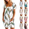 Женские летние повседневные платья с квадратным вырезом, плиссировкой спереди и карманом, с короткими рукавами и принтом