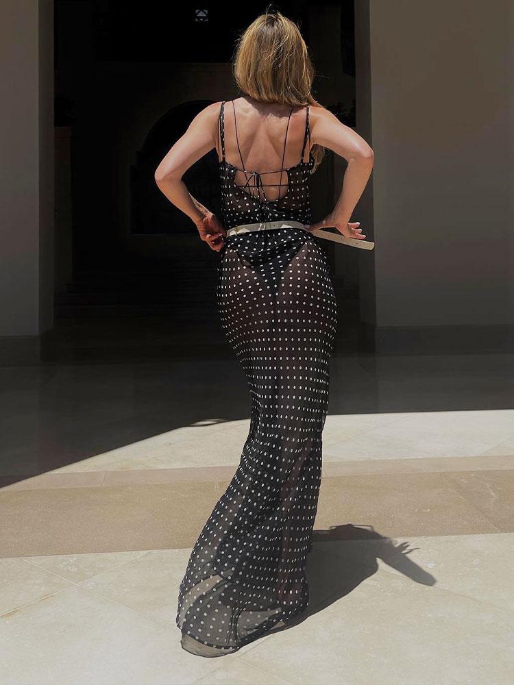 EDOLYNSA 2024 Черное модное сексуальное прозрачное платье в горошек на тонких бретельках, пляжное платье макси, женское летнее вечернее платье-комбинация, купальник, прикрытие