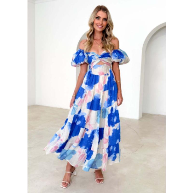 Spring/summer New Temperament Slim-fit Print Puffed Sleeves Swing High-end Dress Woman Vacation Style Beach Style