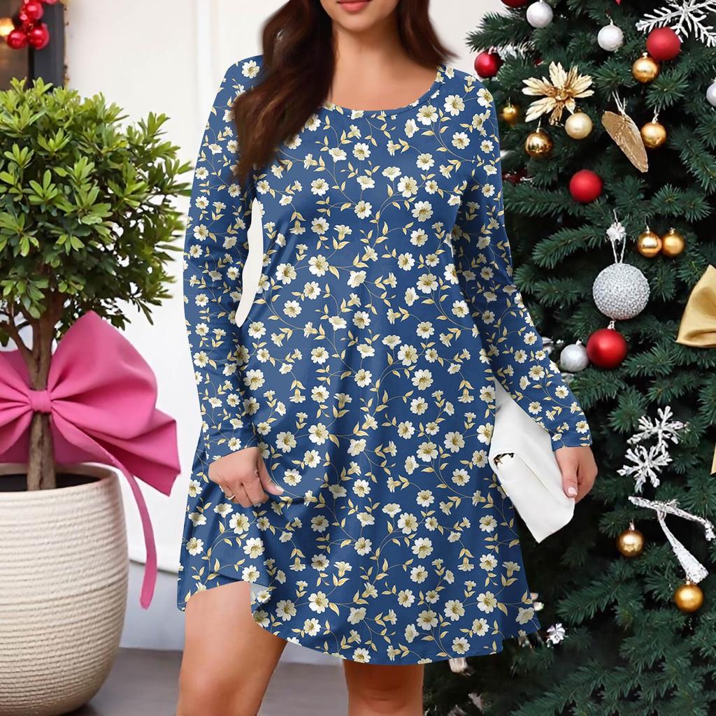 Plus Size Women's Gradient Print Casual Spring/Autumn Pocket Round Neck Long Sleeve Dress