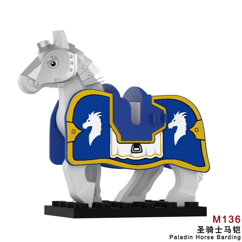 1pcs Medieval Horses Grey Bodies Blue Saddle Blankets White Horse Emblems Yellow Trims Building Block