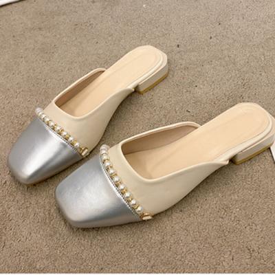 Модные жемчужные сандалии 2024 Лето Туфли на толстом каблуке для женщин Верхняя одежда Цветные квадратный носок Полусабо Низкий каблук Сказочные ленивые туфли-мюли