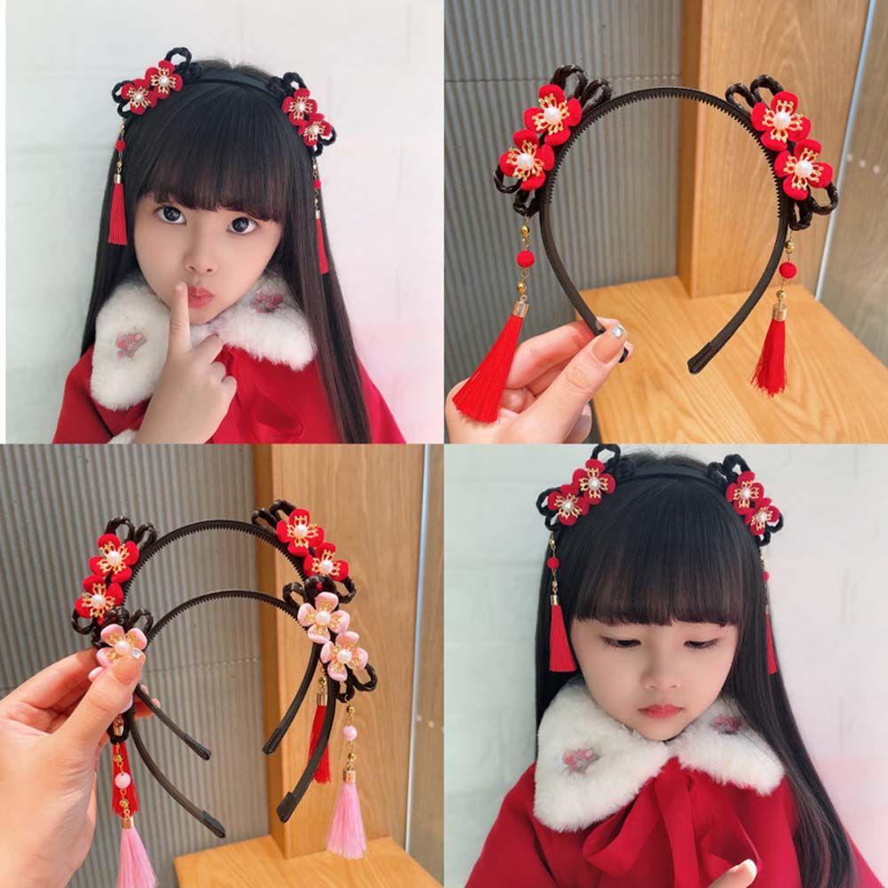 Elastic Cute Girls Pearl Bow Pigtail Wig Flower New Year Headress Children's Headband Chinese Style Hair Band Hanfu Hair Hoop