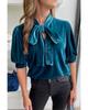 Azura Exchange Peacock Blue Velvet Bow Tie Neck Short Sleeve Top