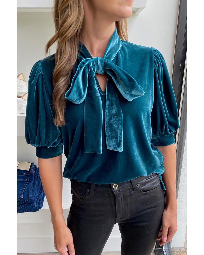Azura Exchange Peacock Blue Velvet Bow Tie Neck Short Sleeve Top
