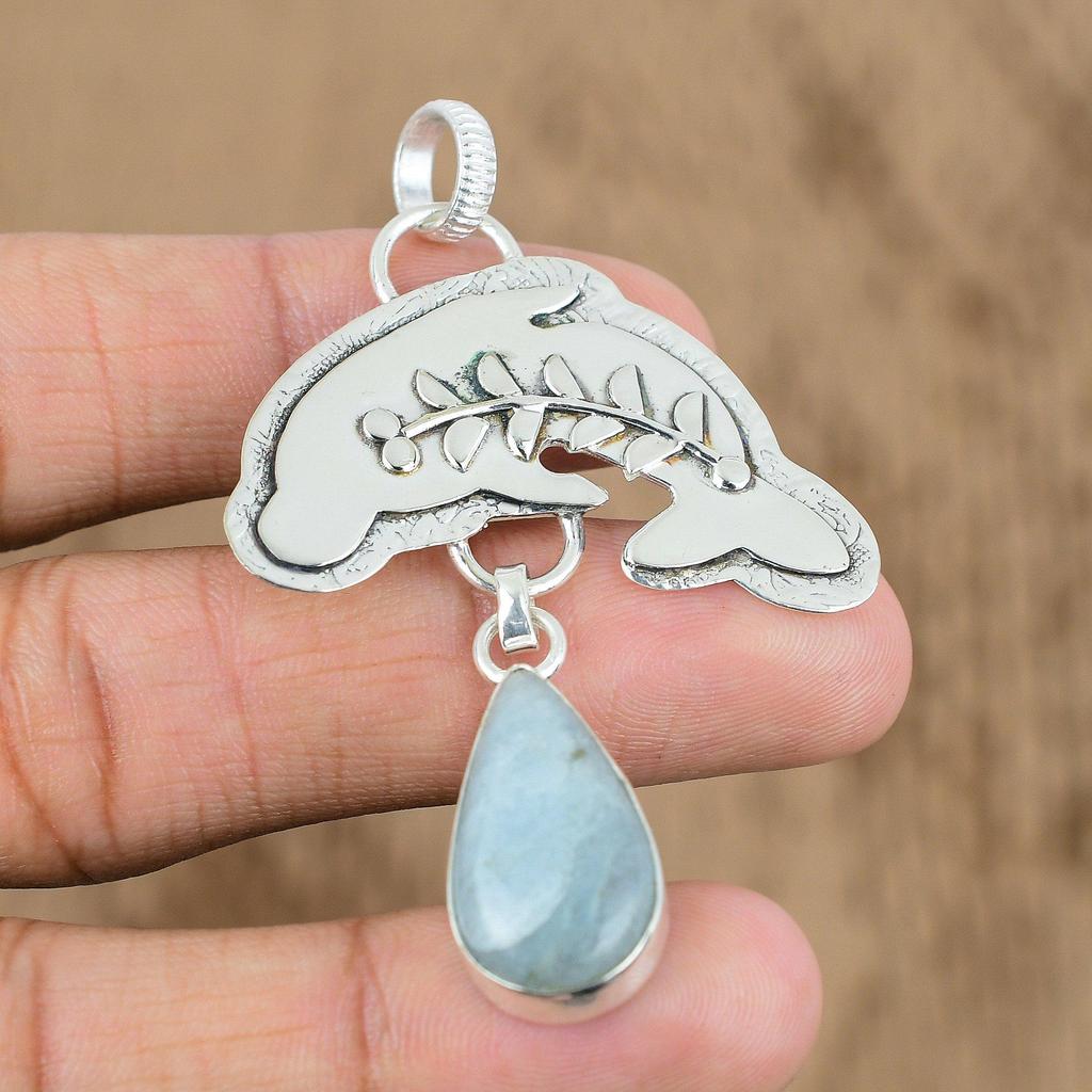 Natural Aquamarine Gemstone Pendant Fish 925 Sterling Silver Indian Jewelry