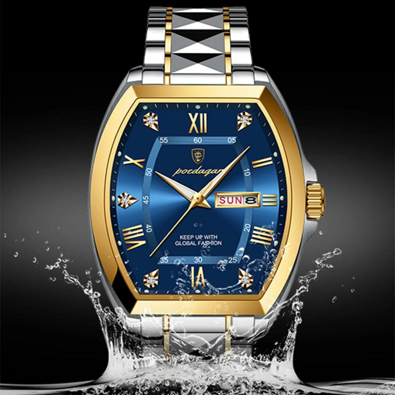 POEDAGAR Luxury Stainless Steel Watches for Man Luminous Waterproof Date Week Men Watch Tonneau Case Men's Quartz Watches