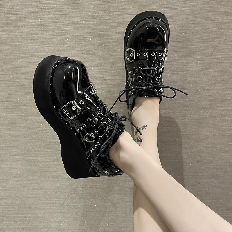 Women Pumps Mary Jane Derby Metal Decoration Platform Flat Heel Female Shoes Ladies Wedge Lolita Gothic Harajuku Punk Footwear