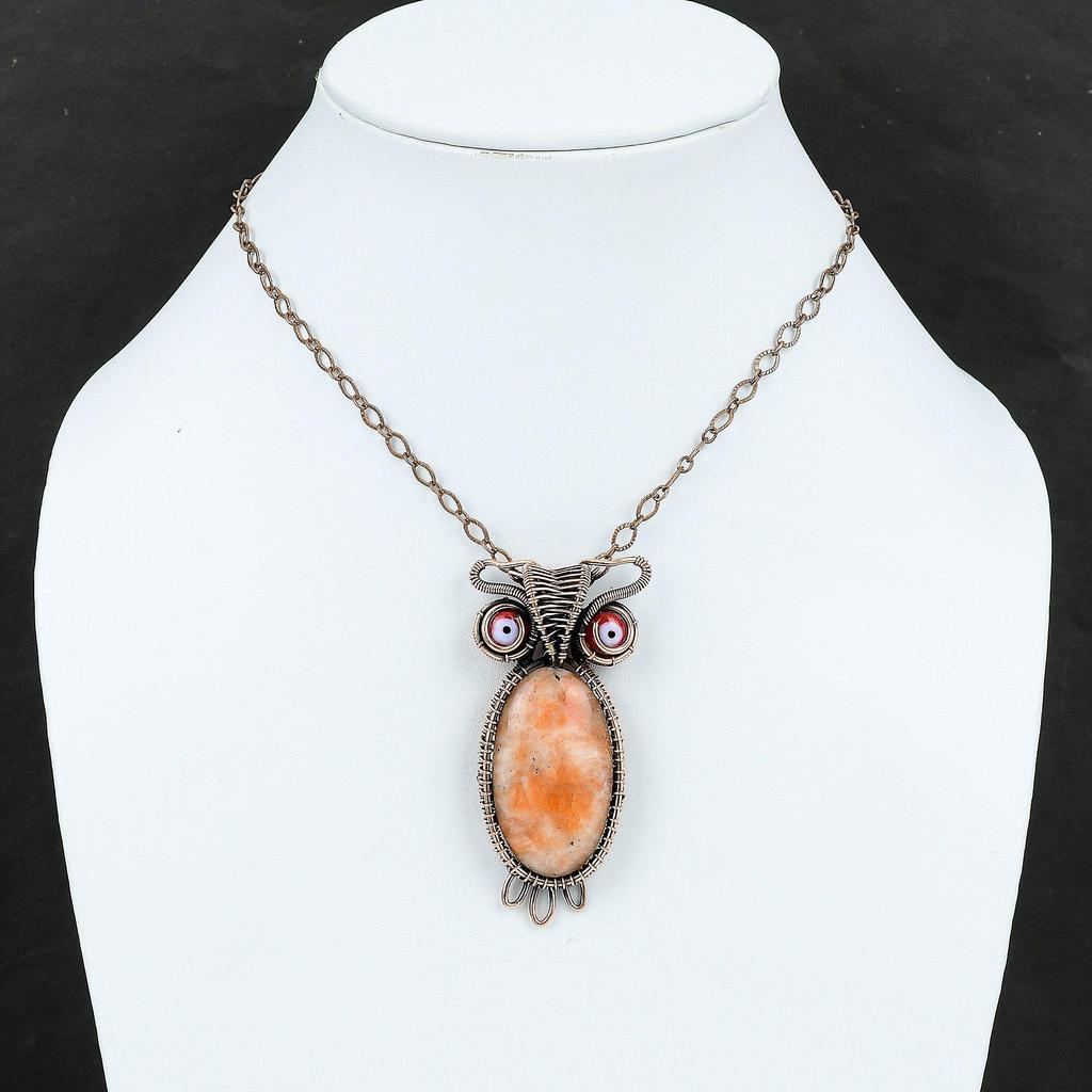 Подвеска Sunstone, медная проволочная обертка, ювелирные изделия из драгоценных камней Sunstone, ручная работа, кулон в виде совы, уникальные медные украшения, кулон от сглаза красного цвета