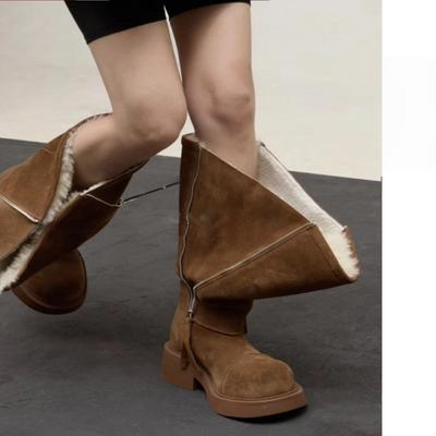 Европейские товары большой обхват голенища бархатные толстоподошвенные зимние сапоги женские 2025 осень и зима новые меховые цельные теплые сапоги-рыцари длинные сапоги