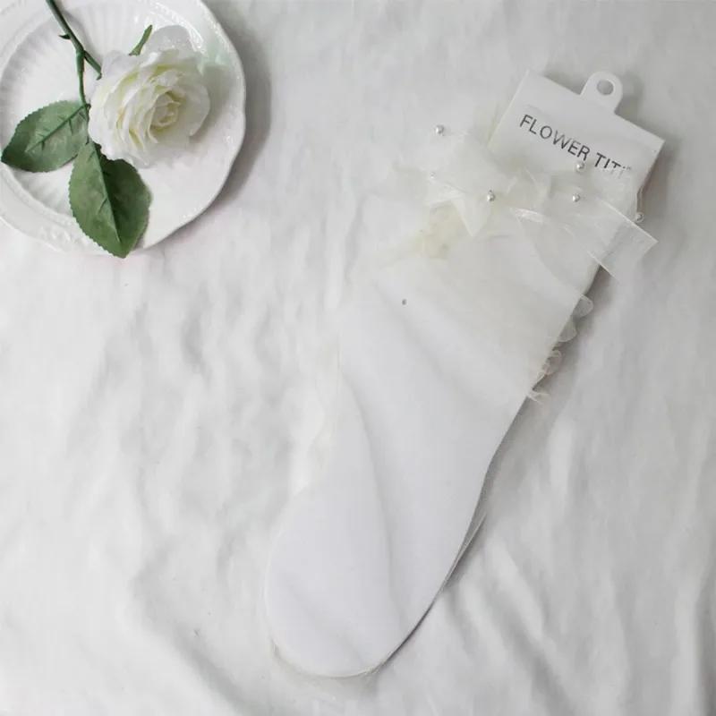 Summer Ultra-Thin Tulle Socks Women Transparent Pearls Long Socks Female Chiffon Lace Up Funny Socks Streetwear