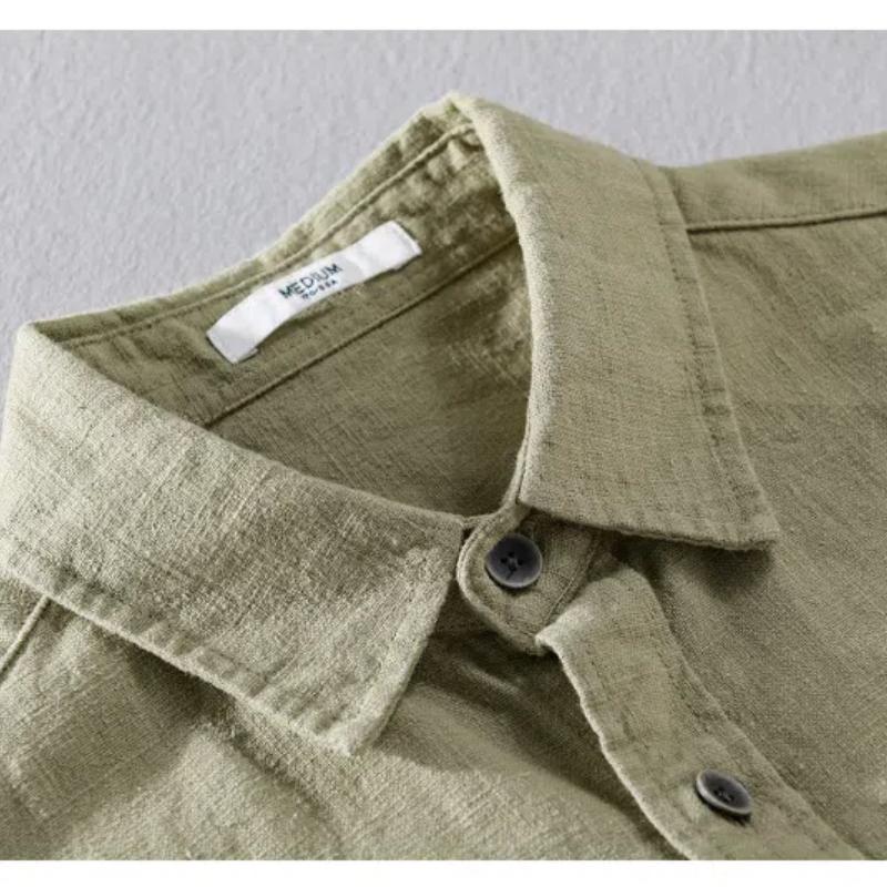Long Sleeve Cotton Linen Man Shirts Summer Tops Classical Turn-down Collar Green Button Shirt Daily Men's Casual Shirt Beach Breathable Shirt