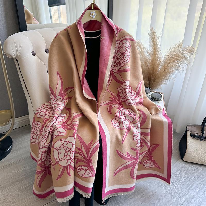 Retro High-End Simple And Elegant Flower Thickened Scarf Winter Scarf Women'S Fashion Warm Shawl