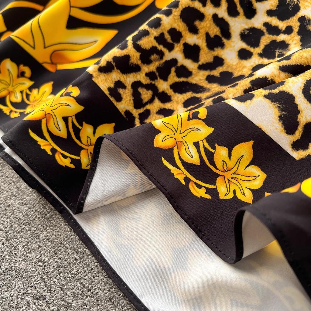 Summer Runway Baroque Leopard Dress Women Batwing Sleeve V Neck Golden Flower Print Bandage Lace Up Belt Loose Maxi Robe