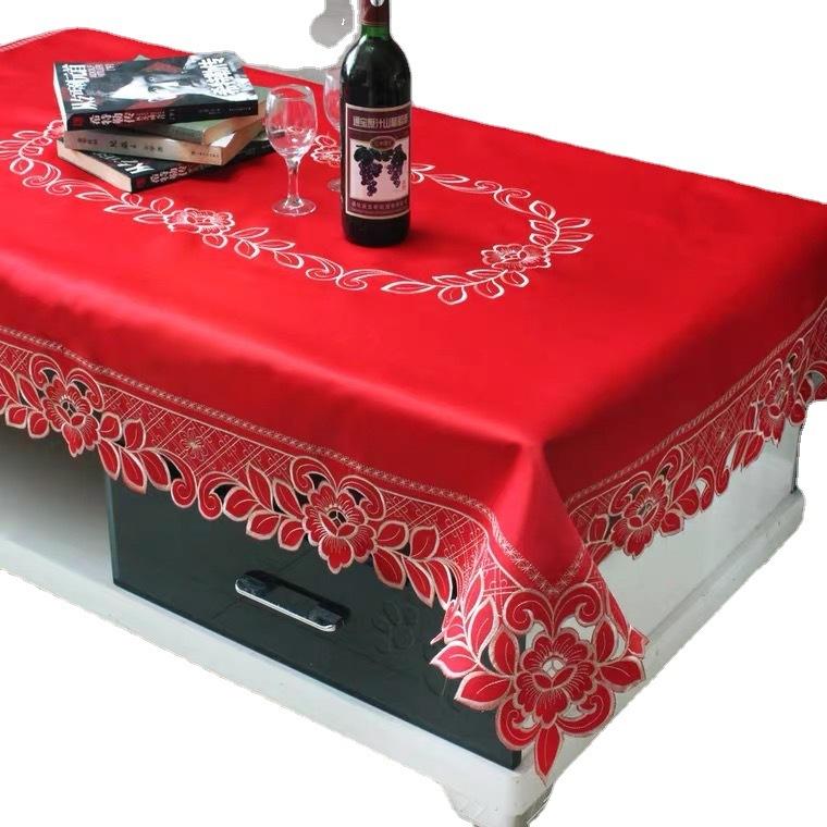 Red Tablecloth Wedding Festive Decoration Polyester Embroidered Tablecloth Coffee Table Tablecloth