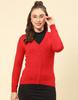 Womens Red Solid V Neck Full Sleeve Cardigan