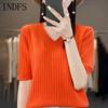INDFS Women's Fashion Casual Fall Winter Solid Color Print Short Sleeve V-Neck Sweaters