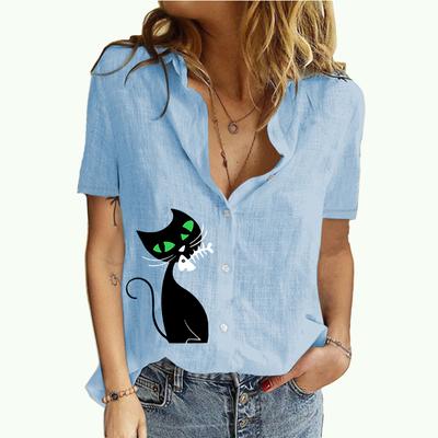 Женская мода блузки с лацканами и воротником лето и осень футболка с короткими рукавами и принтом кота женский хлопковый льняной кардиган футболка