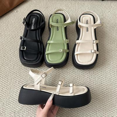 Летние женские сандалии на платформе, на массивном каблуке, на плоской подошве с металлической пряжкой, женская обувь, женская обувь с открытым носком, повседневная обувь с открытой пяткой