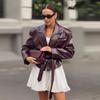 Shiny Faux Leather Jacket Windproof and Waterproof Lace Up Lapel Long Sleeve Cardigan Women's Short Jacket Autumn 2025