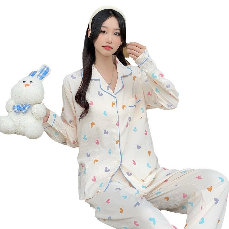 Пижамный комплект из хлопка «Облако» для женщин: Кардиган свободного кроя с длинным рукавом и милыми лацканами в студенческом стиле на весну и осень