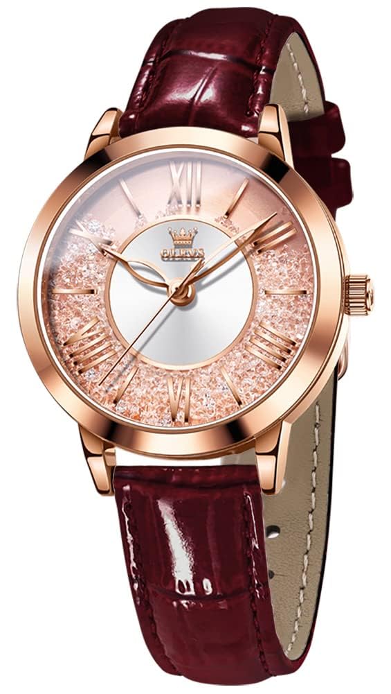 OLEVS Watch Rose Quicksand Gift Ladies' - Popular, Cute, Gold, Fashionable, Diamond, Pattern, Waterproof, Luminous, (Red - 5539)
