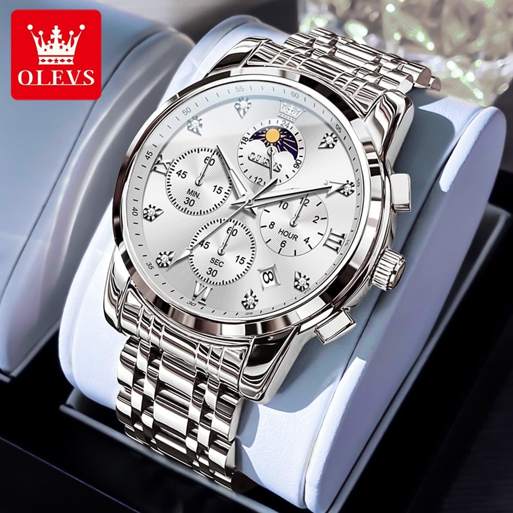 OLEVS Men's Watches Top Brand Luxury Fashion Fine Steel Multi-functional Original Quartz Wristwatch for Man Moon Phase Date 3655