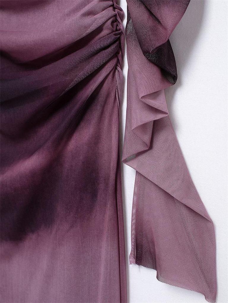 Европейско-американский тренд 2024: Женское облегающее платье из плиссированной шелковой сетки со стойкой и длинными рукавами, осенний стиль