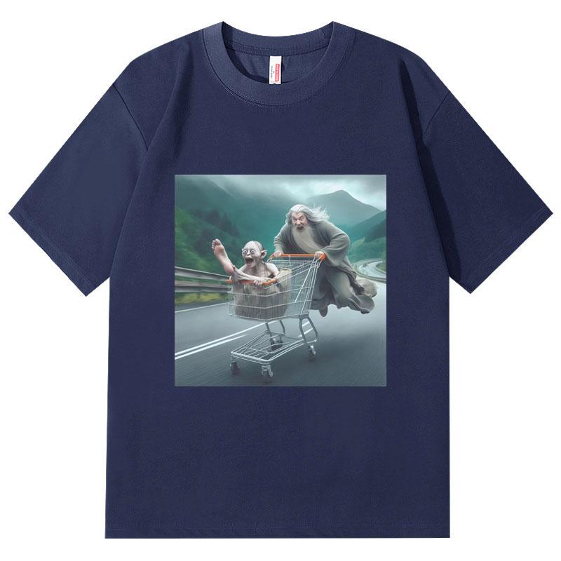 Wizard Pushing Goblin in Shopping Cart Funny Graphic T Shirts Gothic Vintage Short Sleeve Tshirt Unisex Casual Cotton Tshirts