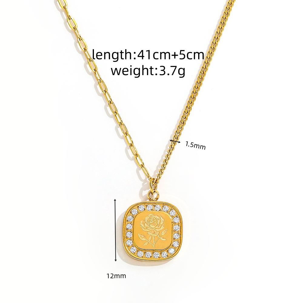 Fenny 18K PVD Plated Waterproof&No Fade Fashion Zircon Pave Rose Square Pendant Stainless Steel Necklace for Women