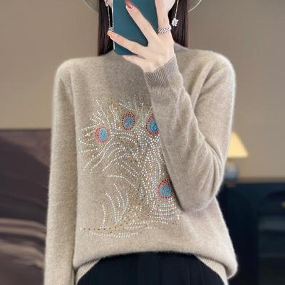 Женский осенний трикотажный пуловер с полувысоким воротом и стразами - Свободный, Приталенный, Модный