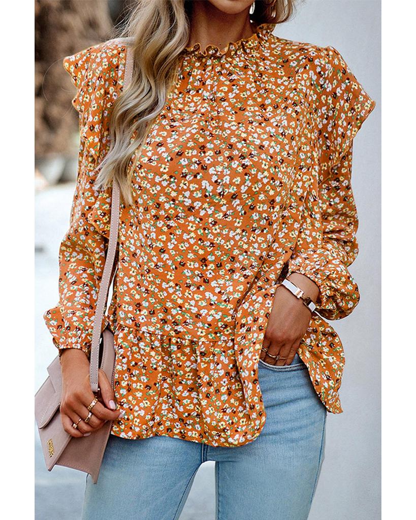 Azura Exchange Orange Ruffle Collar Long Sleeve Peplum Top