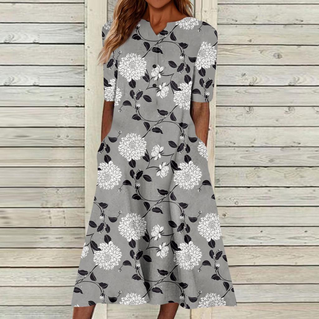 Women's Summer Casual Fashion Floral Printed Short Sleeve Button Pocket Dress