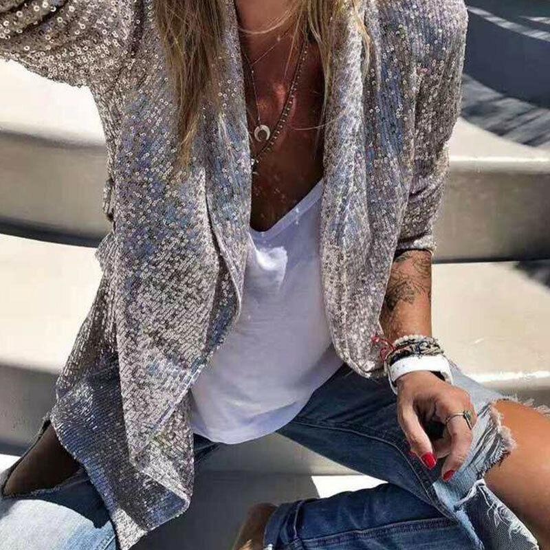 Womens Sequin Blazer Suit Glitter Open Front Thin Jacket Ladies Party Outwear