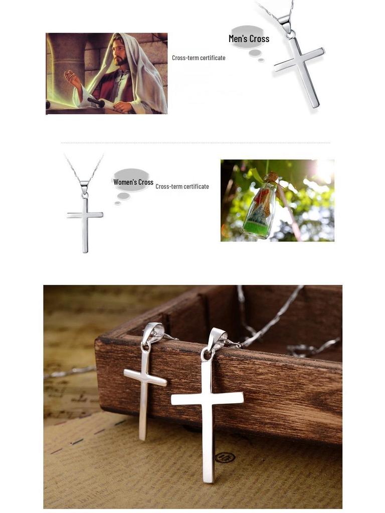S925 Sterling Silver Smooth Cross Pendant Necklace for Men and Women - Versatile Long Sweater Chain