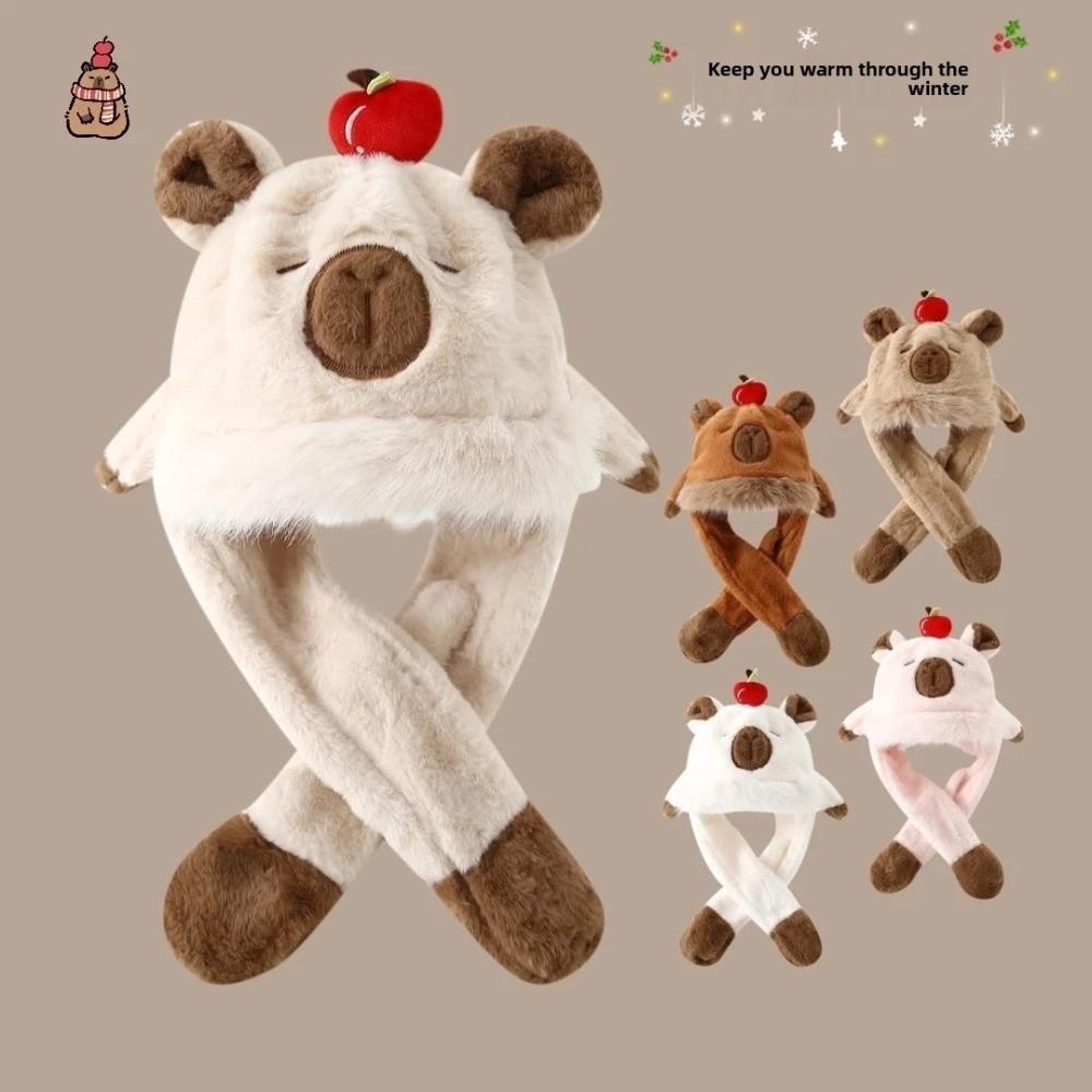 Movable Ears Capybara Hooded Scarf Windproof Plush Hat Scarf Set  Boys/girls