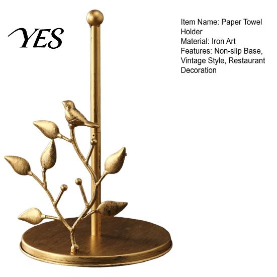 Waterproof Paper Towel Stand Holder Countertop, Bird Ginkgo Rose Roll with Stable Solid Wood Base Base, Vintage Metal Toilet for Kitchen, Living Room,