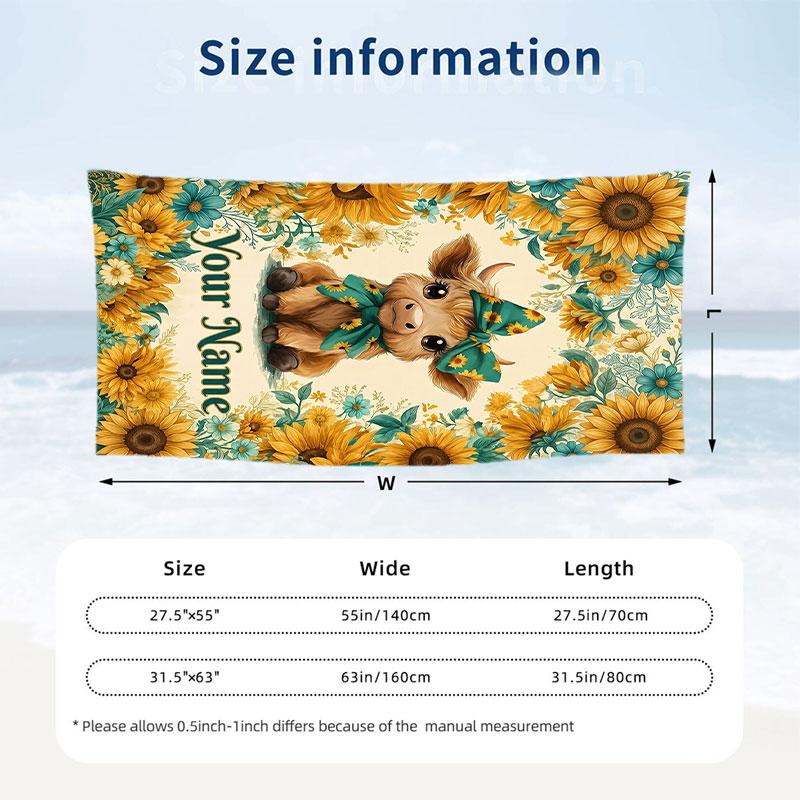 Sunflower Cow Garden 1 Theme Quick Dry Beach Towel Custom Name Text Print Large Sand Resistant Towel Beach Vacation
